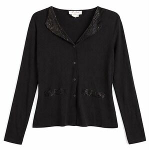 M. Nicole Evening Black Beaded Cardigan Womens Button‎ Front Dressy Knit Lg
